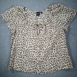 Gap Animal Print Short Sleeve Lighteight Blouse Womens X-Small Brown Keyhole Bow
